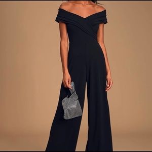 Lulus Stand Tall Wide Leg Off Shoulder Jumpsuit Black XS NWT